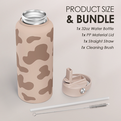 Cow Print Water Bottle 32oz Stainless Steel with Lid, Insulated Bottles for Sports Travel Outdoor, Gifts for Women Girls Birthday Christmas