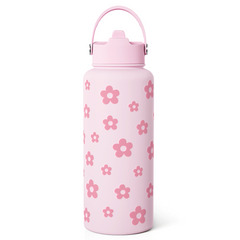 Floral Water Bottle Stainless Steel 32oz with Lid & Straw, Daisy Insulated Bottles Gifts for Women Girls Friends Teens Birthday Christmas