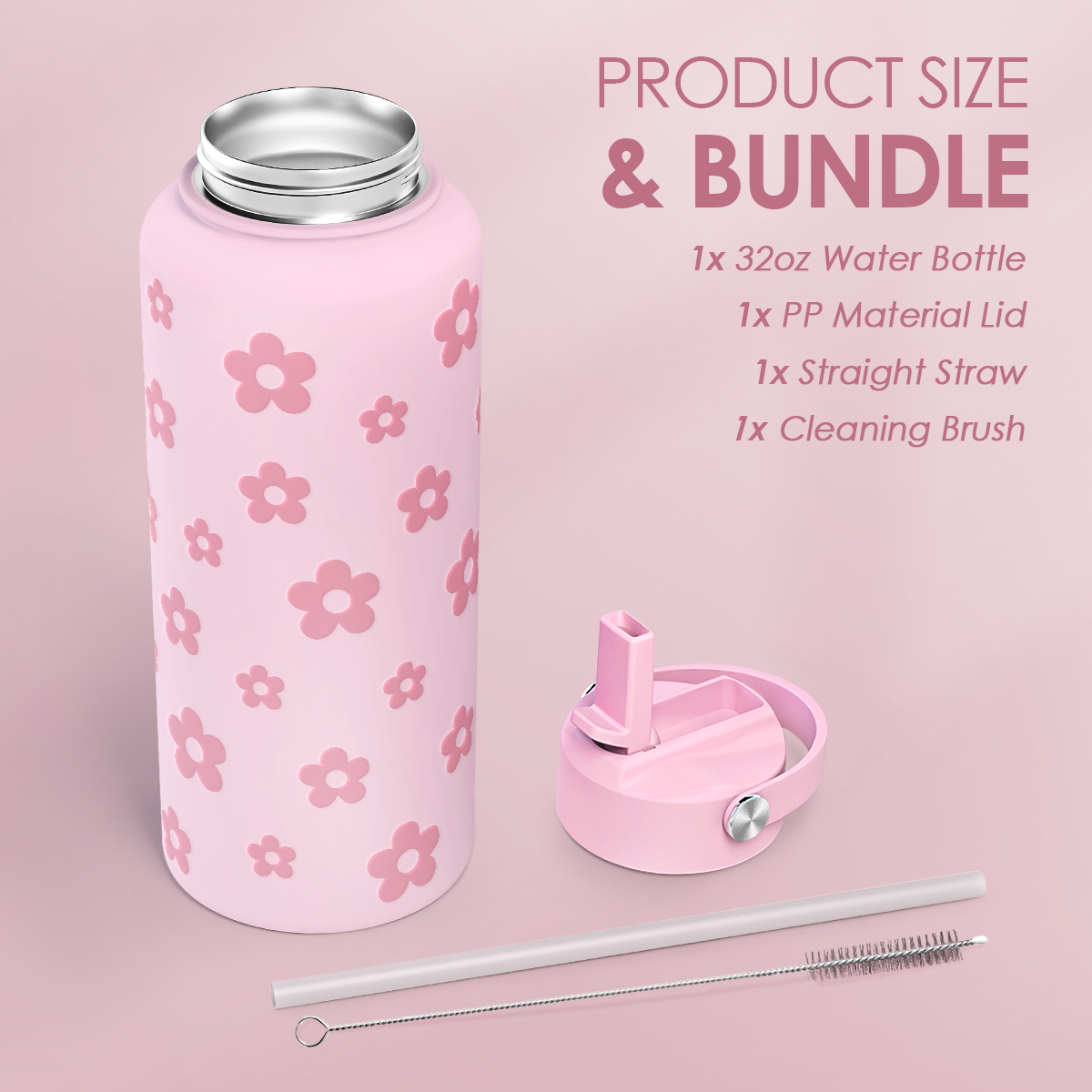 Floral Water Bottle Stainless Steel 32oz with Lid & Straw, Daisy Insulated Bottles Gifts for Women Girls Friends Teens Birthday Christmas