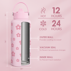 Floral Water Bottle Stainless Steel 32oz with Lid & Straw, Daisy Insulated Bottles Gifts for Women Girls Friends Teens Birthday Christmas