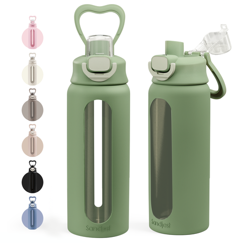 Glass Water Bottle with Silicone Sleeve 24oz with Lid, Motivational Time Marker, Drinking Hydration Glass Bottles for Men Women, Gym Travel Sports