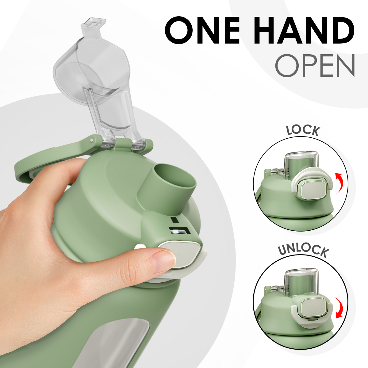Green water bottle with one-hand opening mechanism, hand holding it, and close-up of lock and unlock features.