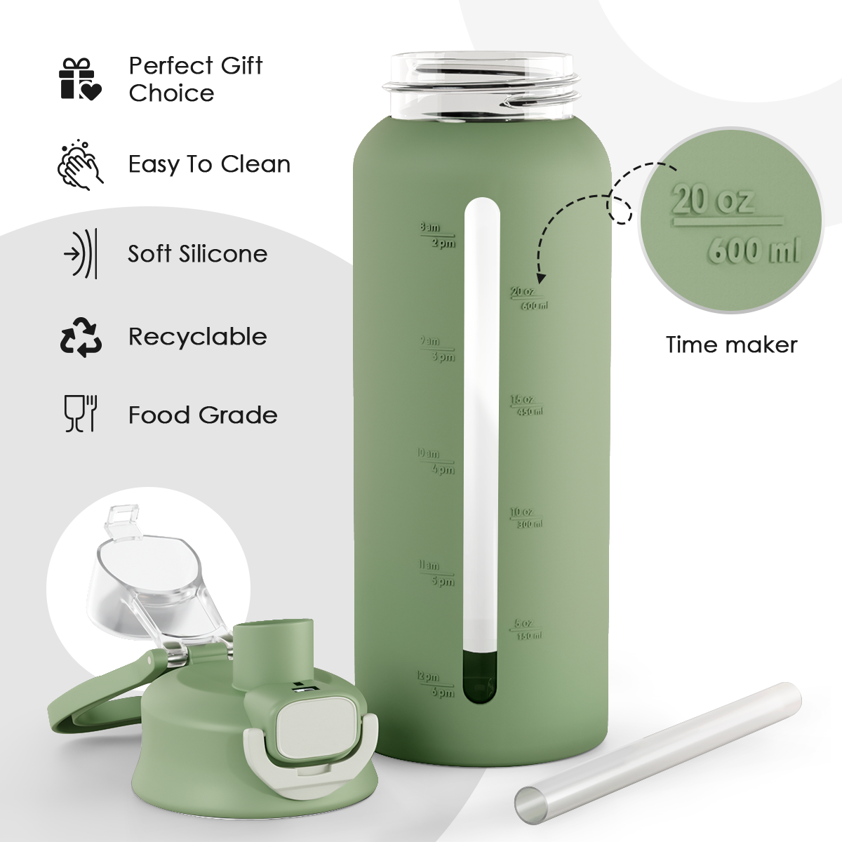 Green silicone water bottle with features listed on a white background