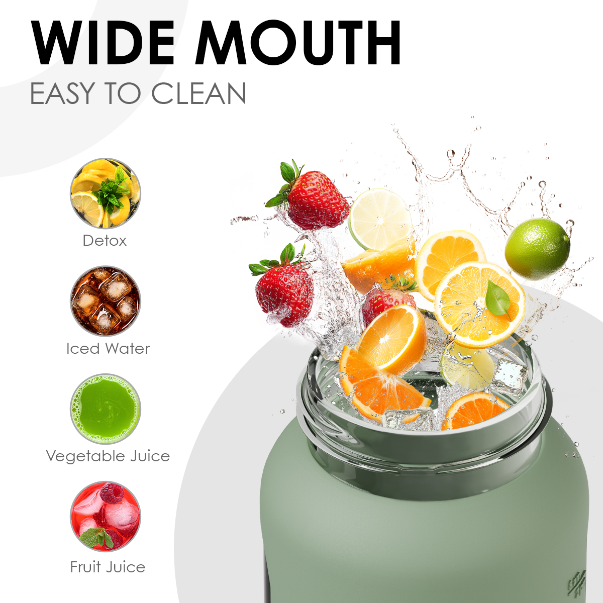 Green water bottle with fruit and drink icons on a white background