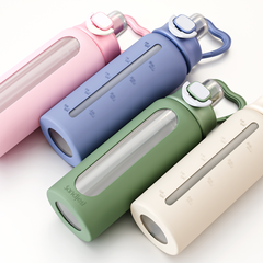 Glass Water Bottle with Silicone Sleeve 24oz with Lid, Motivational Time Marker, Drinking Hydration Glass Bottles for Men Women, Gym Travel Sports