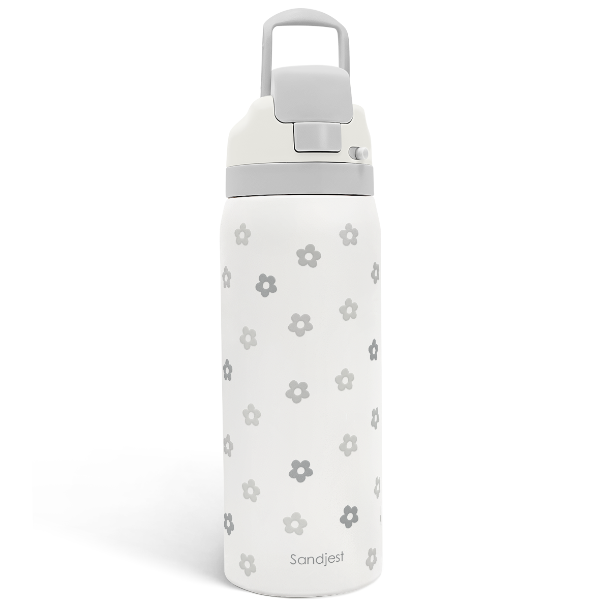 White water bottle with gray floral pattern and 'Sandjess' branding on a white background