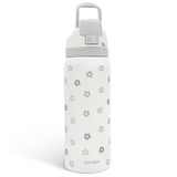 White water bottle with gray floral pattern and 'Sandjess' branding on a white background