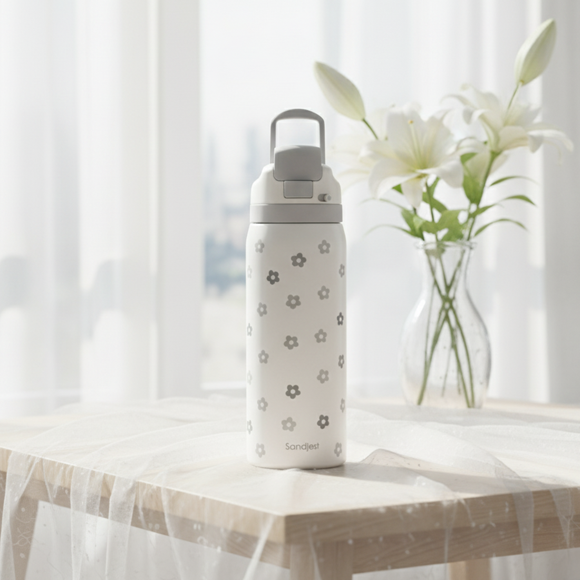 White water bottle with floral pattern on a marble surface with a vase of flowers in the background