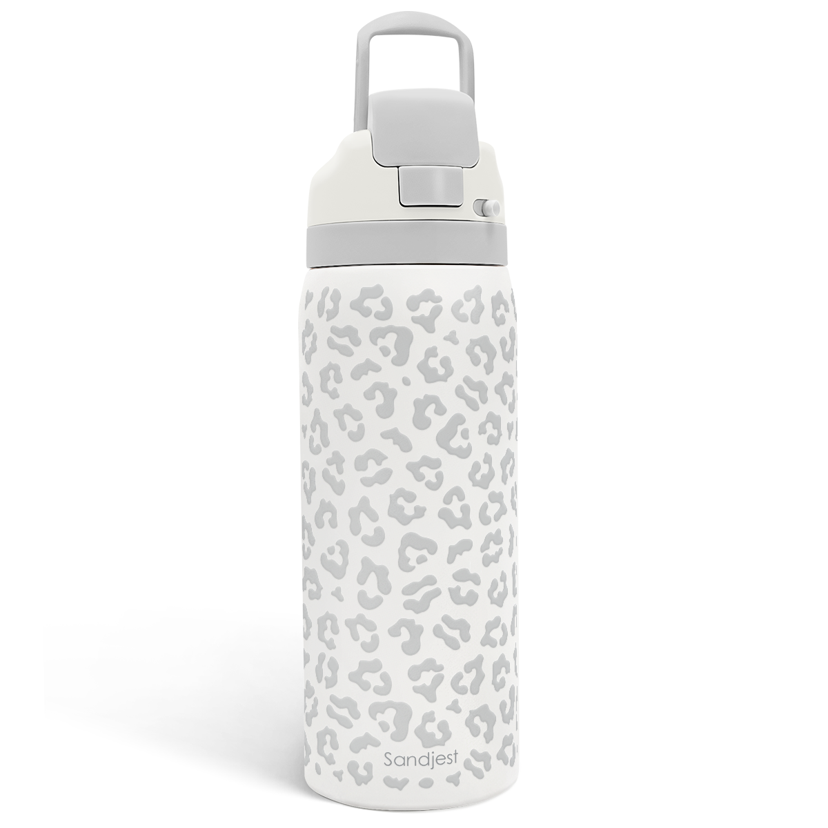 White water bottle with gray leopard print pattern on a white background