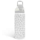 White water bottle with gray leopard print pattern on a white background