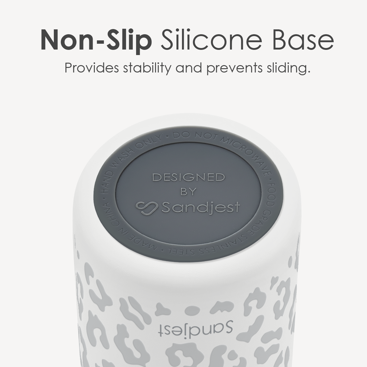 White tumbler with gray non-slip silicone base and Sandjest branding on a white background.