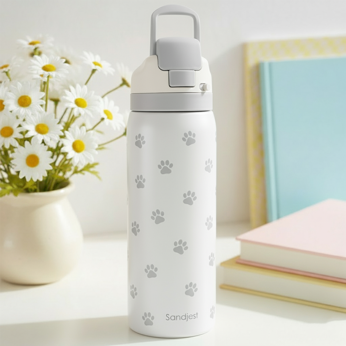 Grey Paw Print VividPop | Push-button Lid Water Bottle 32oz