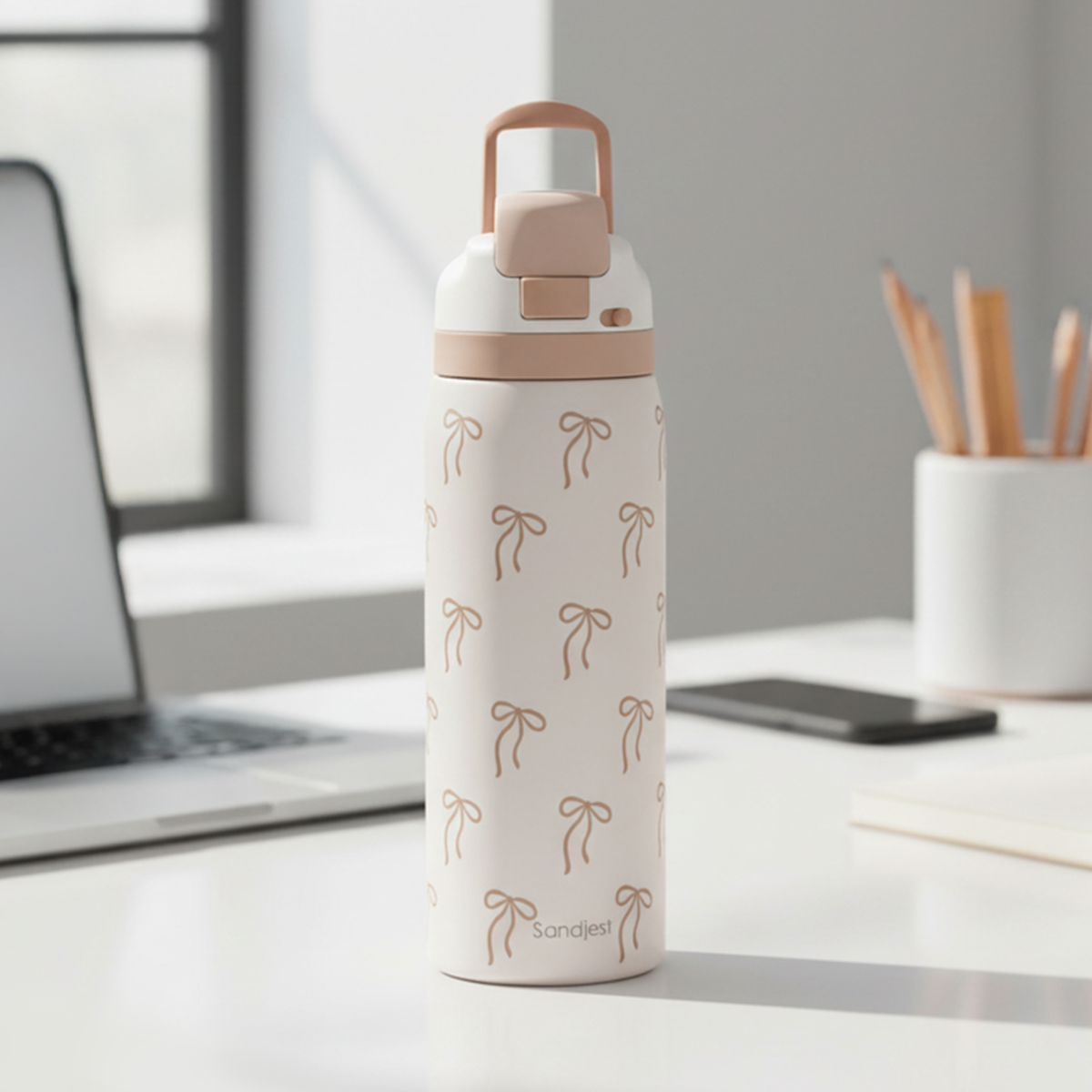 Bow Insulated Stainless Steel Water Bottle with Straw for Sports and Travel, 32oz, Gifts for Women Girls Friends Teens Birthday Christmas (Brown)