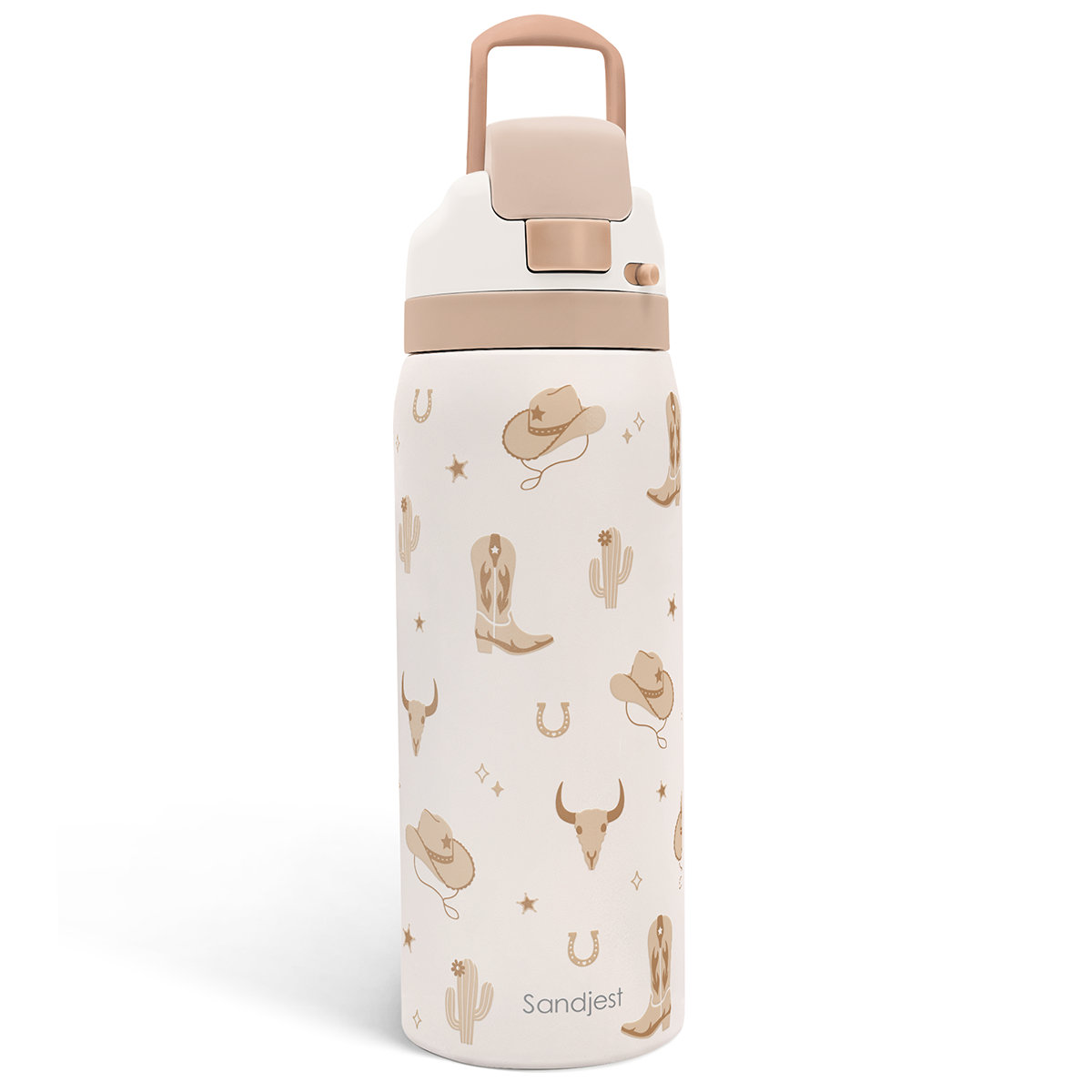 White water bottle with cowboy design and beige cap on a white background