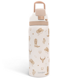 White water bottle with cowboy design and beige cap on a white background