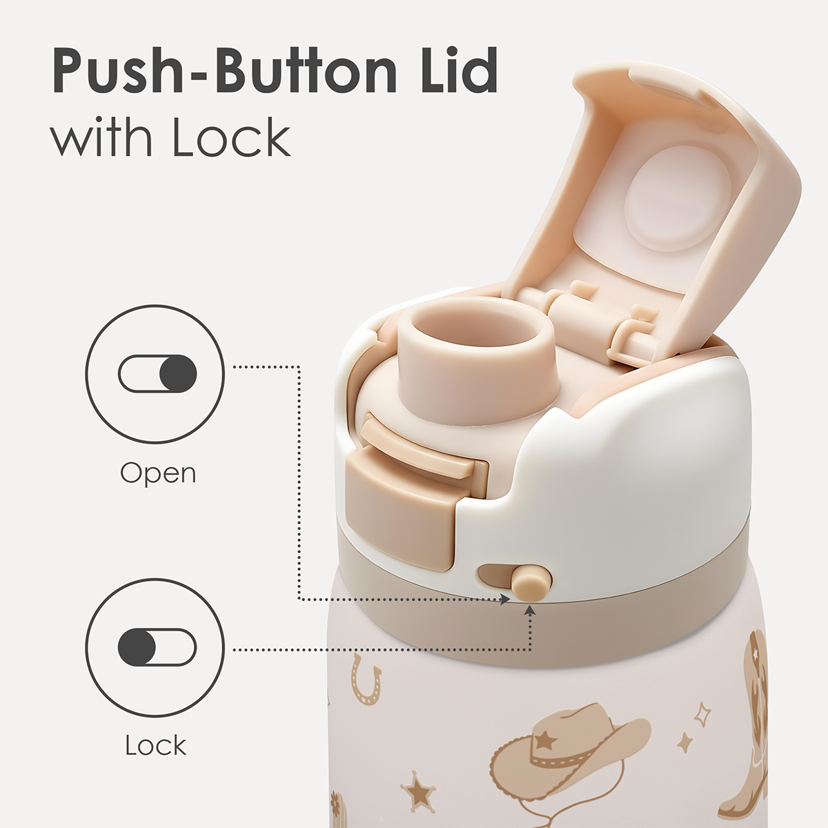 Push-button lid with lock on a container with cowboy design