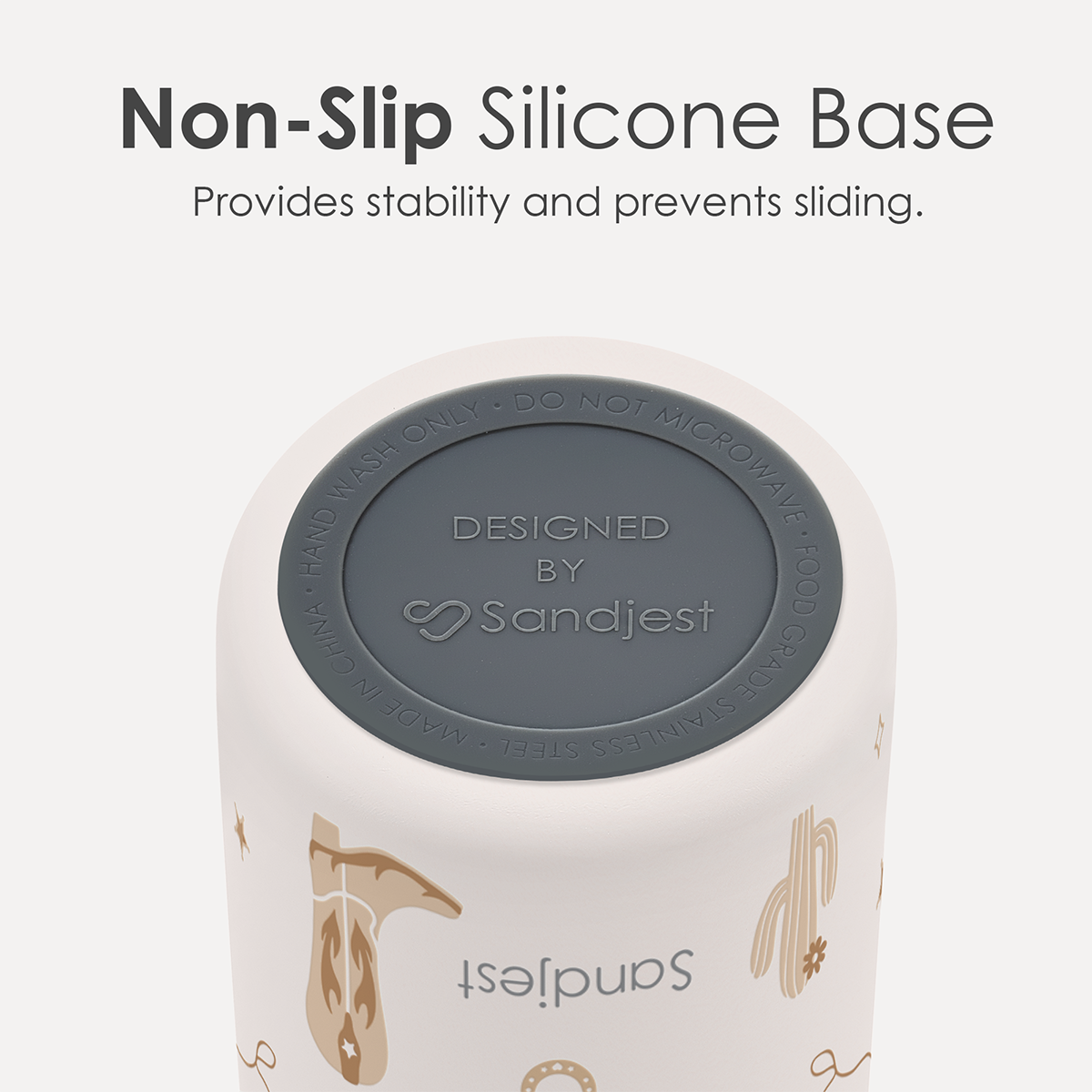 Product with a non-slip silicone base and Sandjest branding on a white background