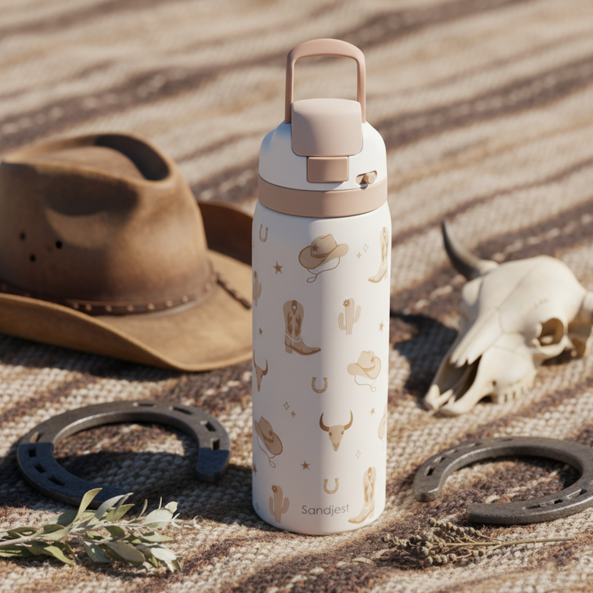 Water bottle with cowboy design on a rustic background with hat, horseshoes, and skull.
