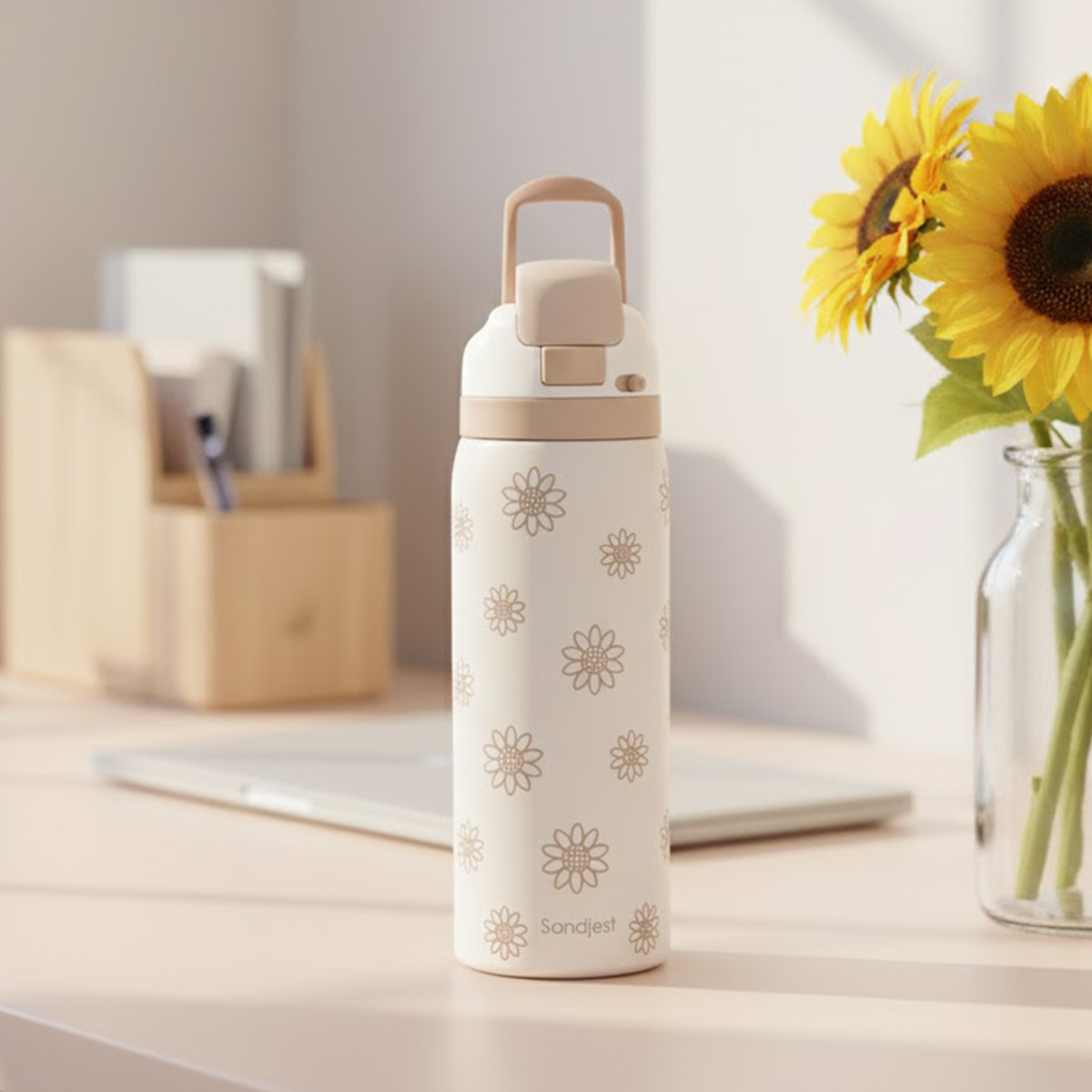 Brown Sunflower VividPop | Push-button Lid Water Bottle 32oz