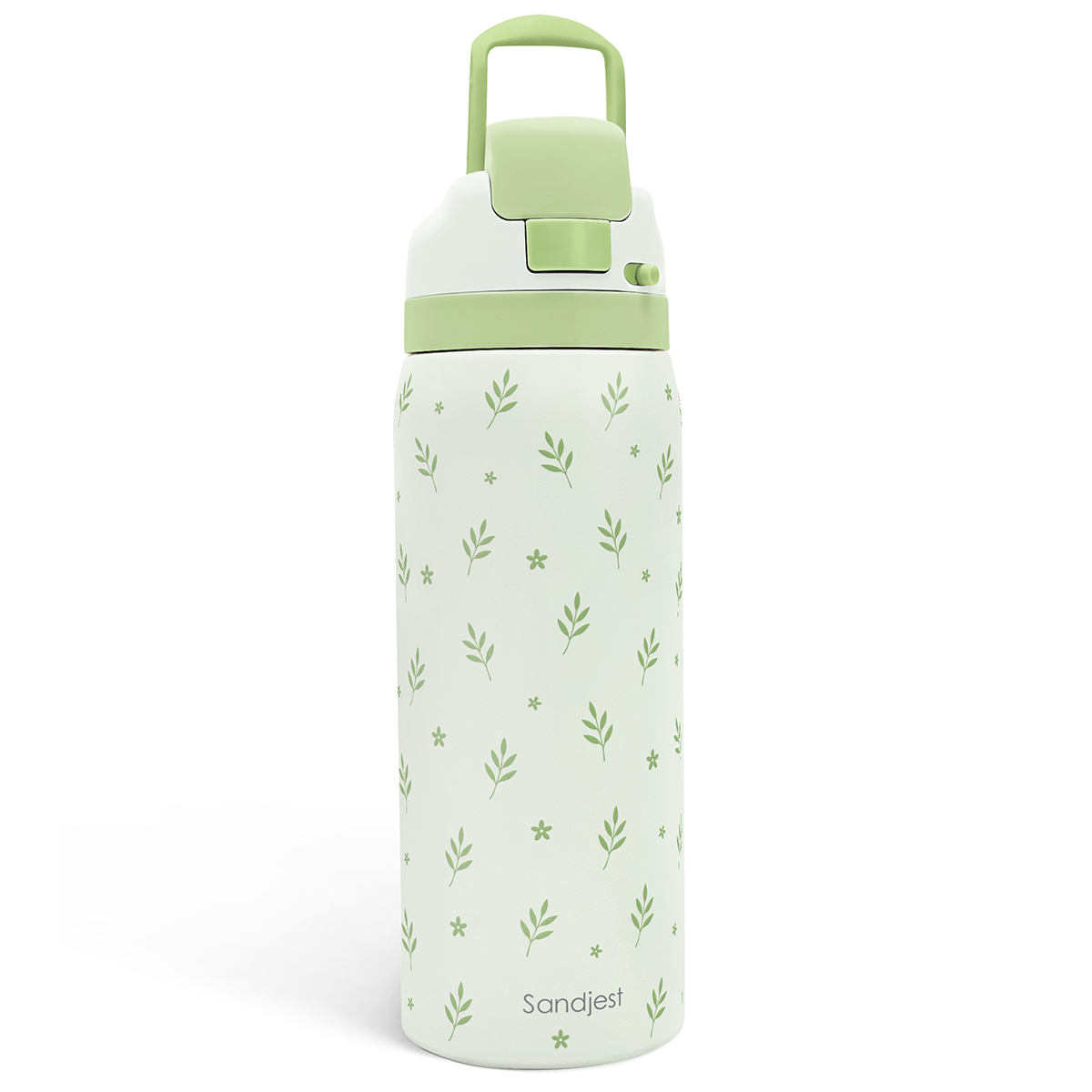 White water bottle with green leaf pattern and handle on a white background