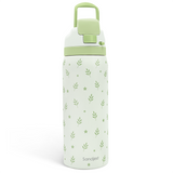 White water bottle with green leaf pattern and handle on a white background