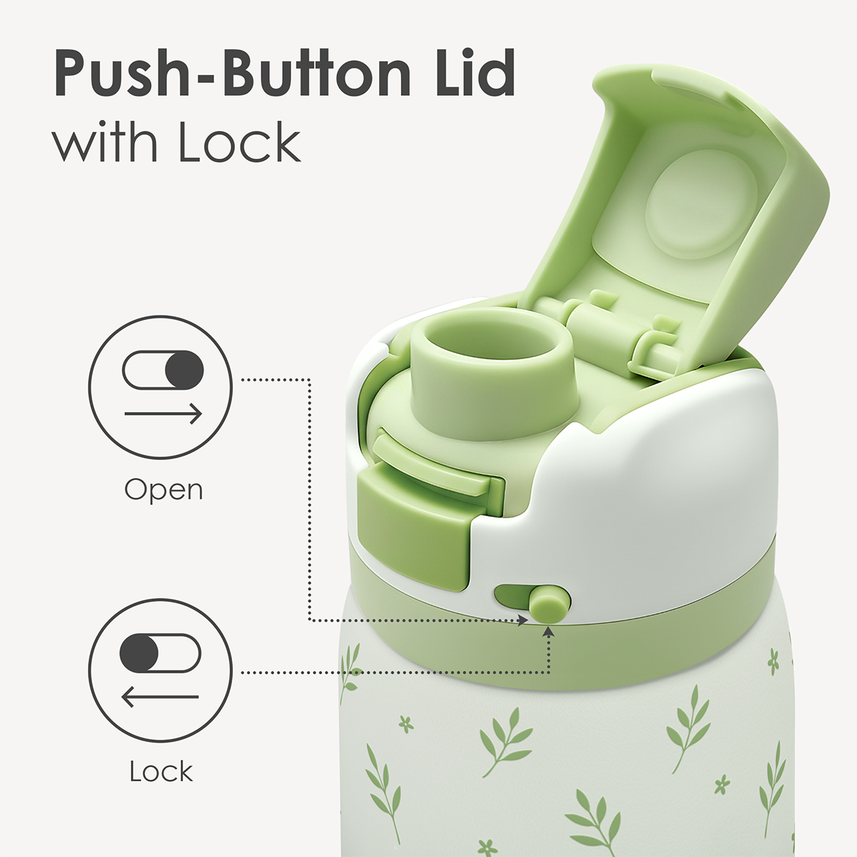 Green and white water bottle with push-button lid and lock mechanism on a white background