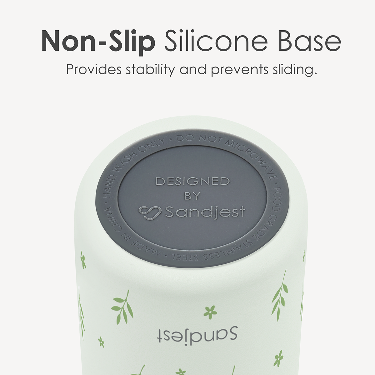 Product with a non-slip silicone base and branding on a white background