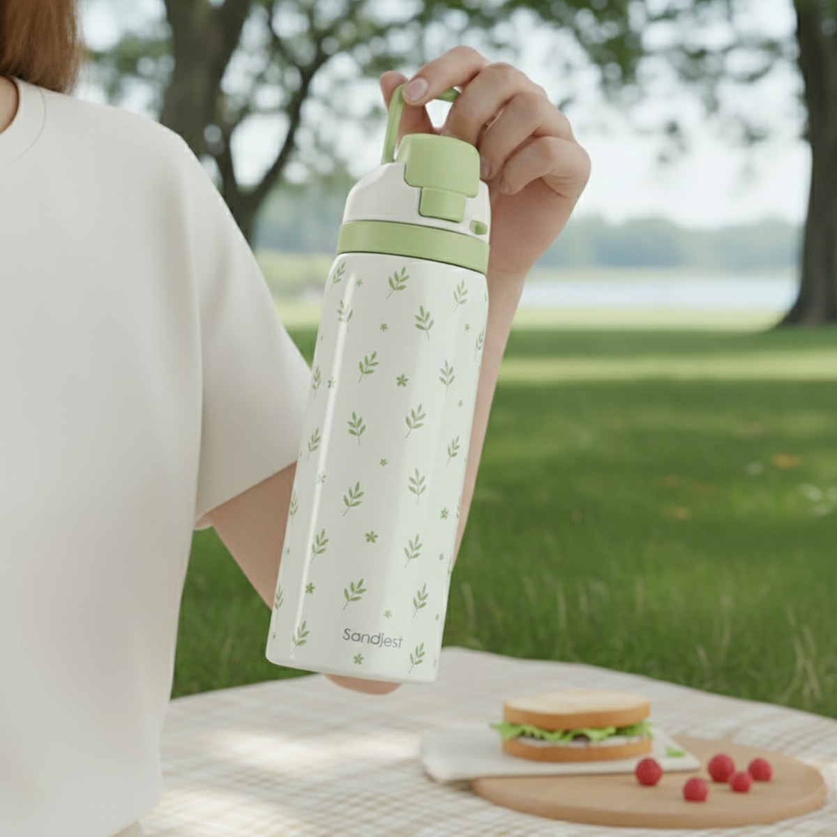 Person holding a green and white insulated bottle with a picnic setting in the background