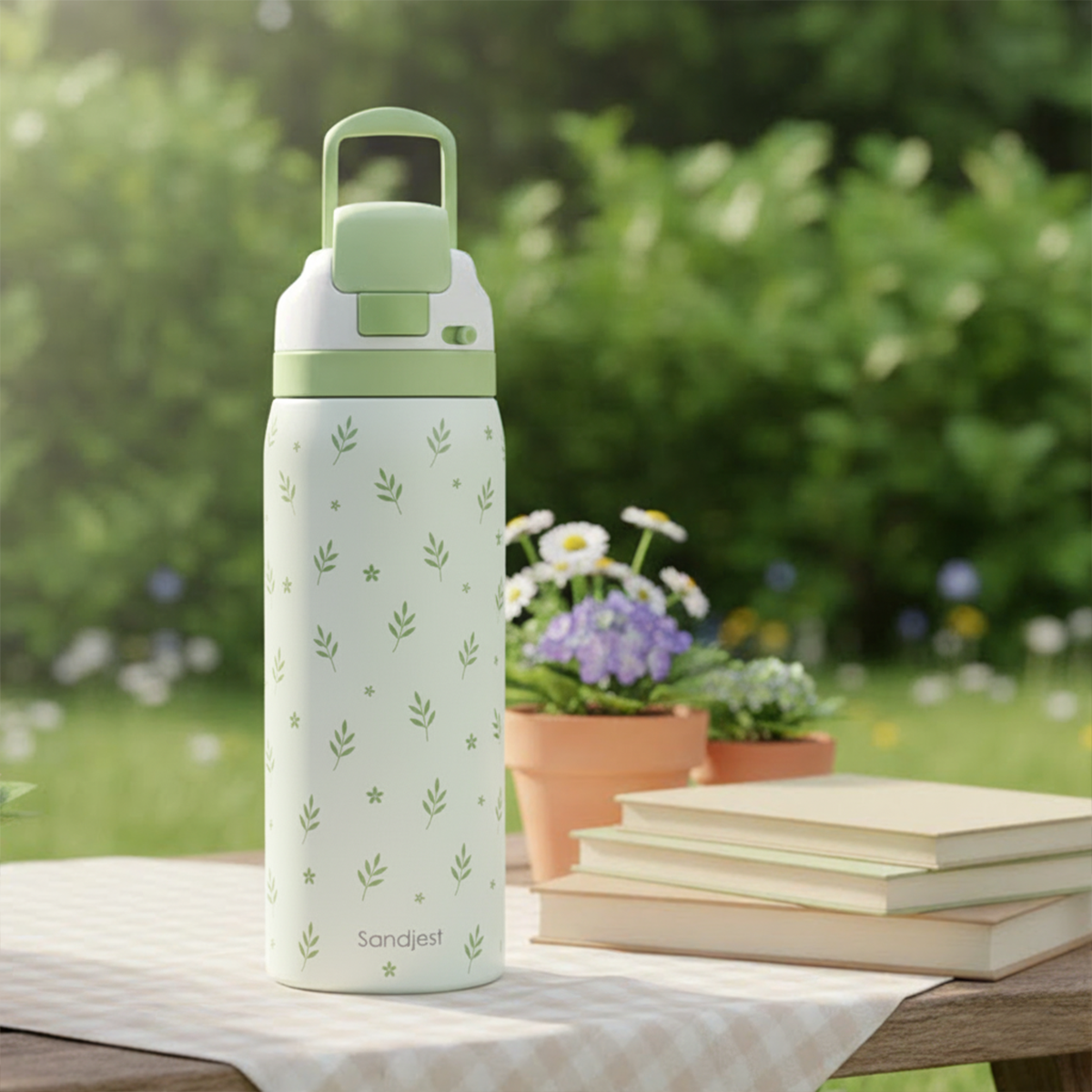 Green and white water bottle with floral pattern on a table outdoors