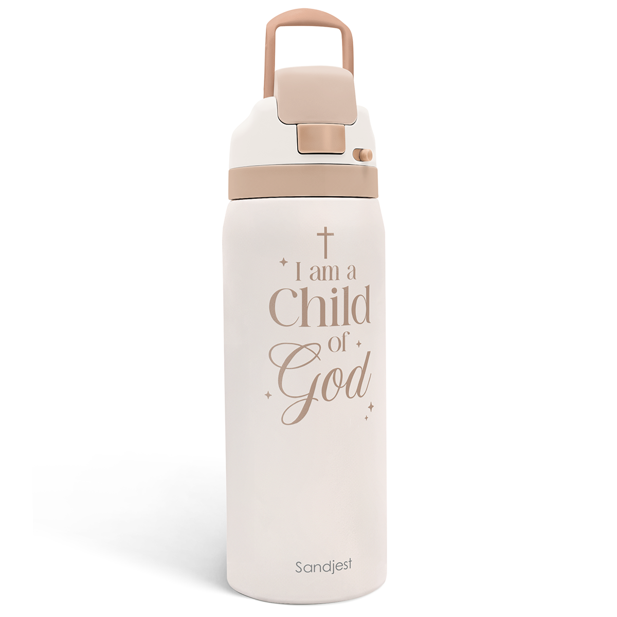 White water bottle with 'I am a Child of God' text and Sandjess branding on a white background