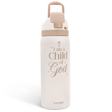 White water bottle with 'I am a Child of God' text and Sandjess branding on a white background