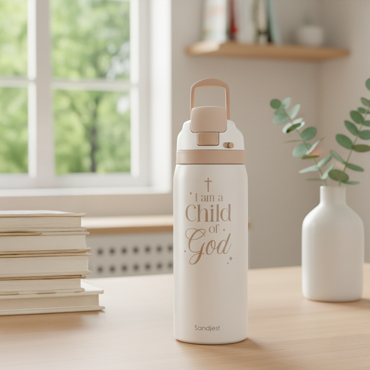 White water bottle with 'I am a Child of God' text on a table with books and a vase in the background.