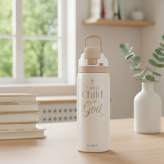 White water bottle with 'I am a Child of God' text on a table with books and a vase in the background.