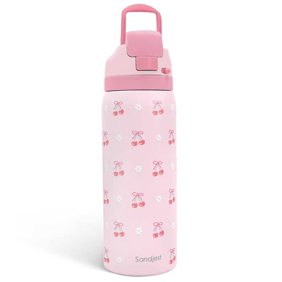 Pink water bottle with cherry and bow pattern on a white background
