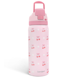 Pink water bottle with cherry and bow pattern on a white background