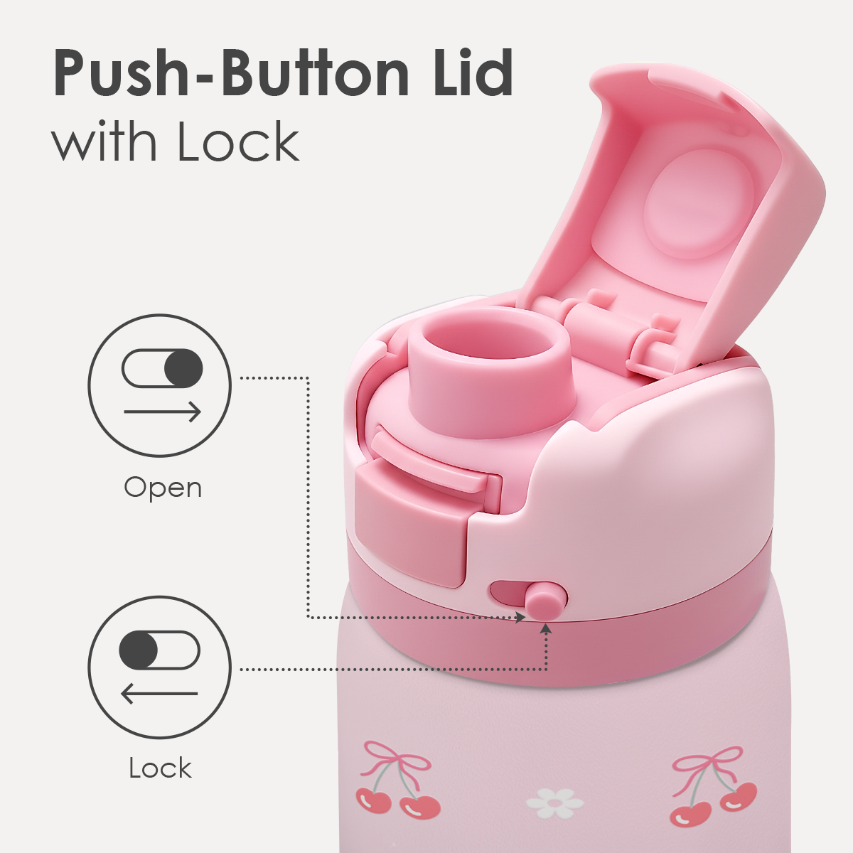Pink water bottle with push-button lid and lock mechanism on a white background