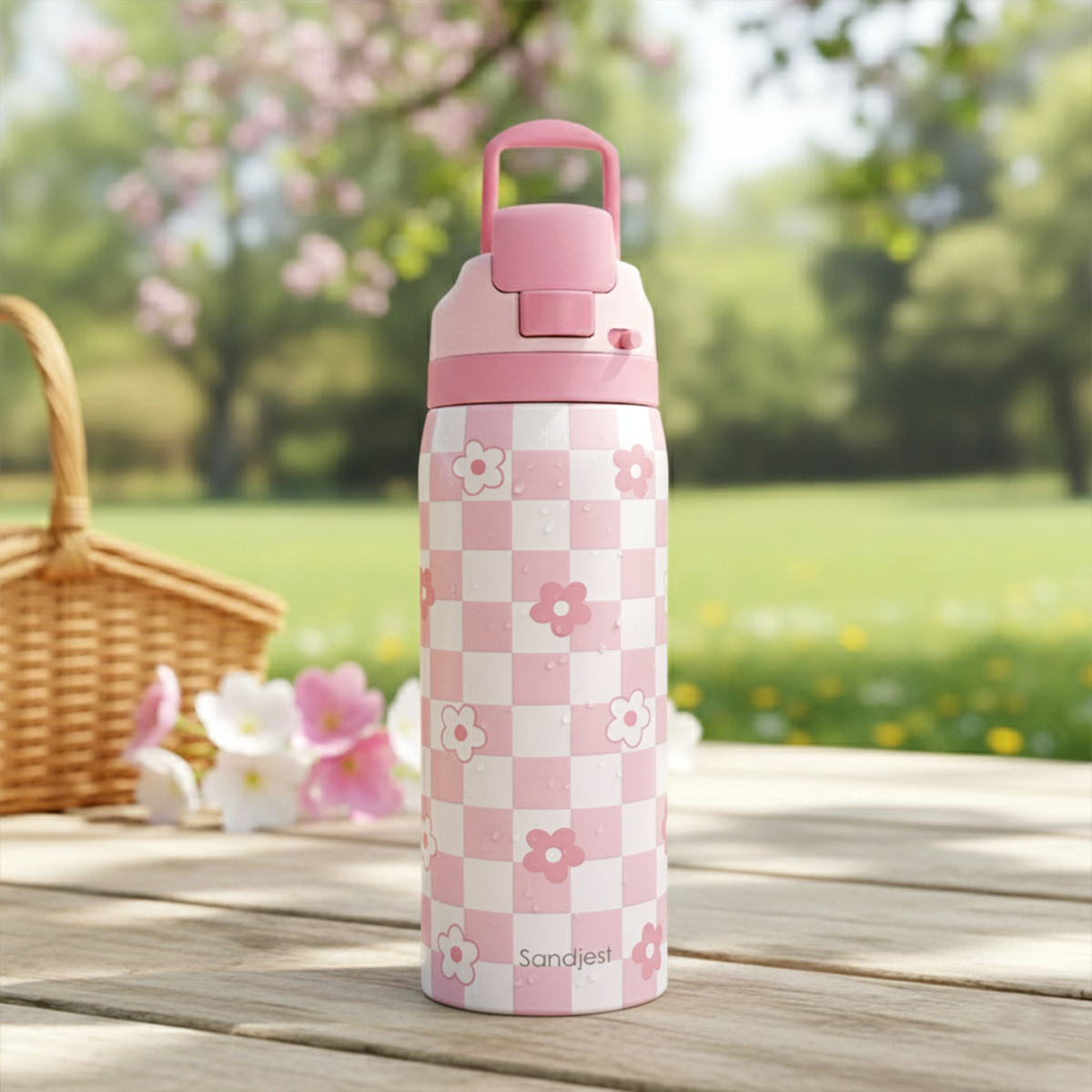 Pink Checker VividPop | Push-button Lid Water Bottle 32oz