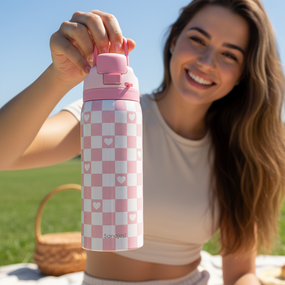Pink Checker VividPop | Push-button Lid Water Bottle 32oz