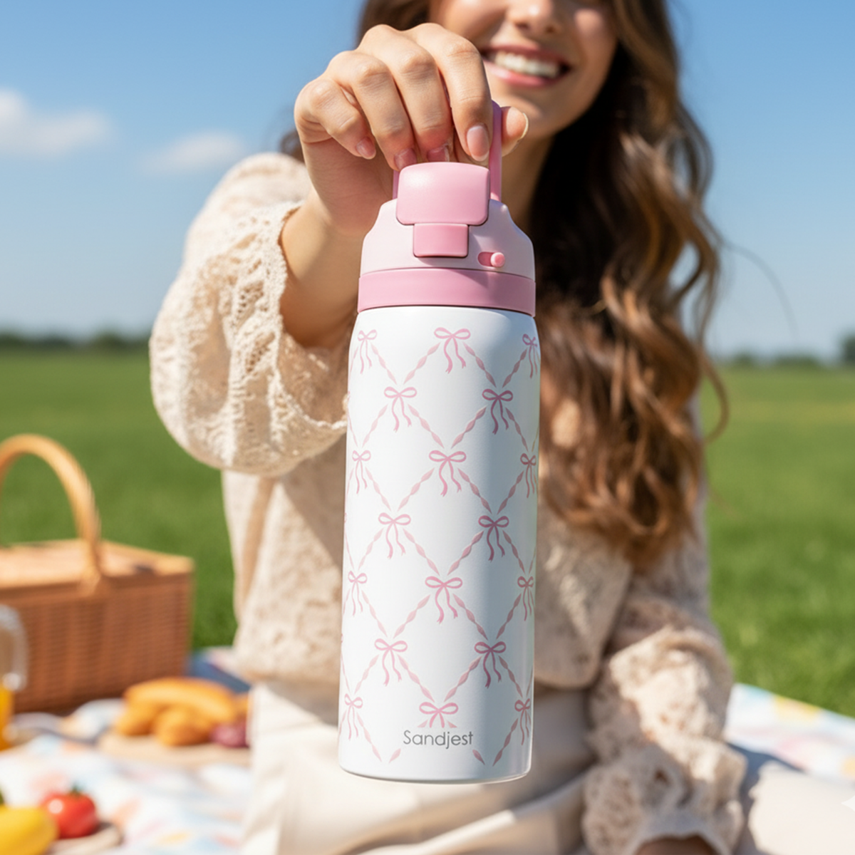 Pink Bow VividPop | Push-button Lid Water Bottle 32oz