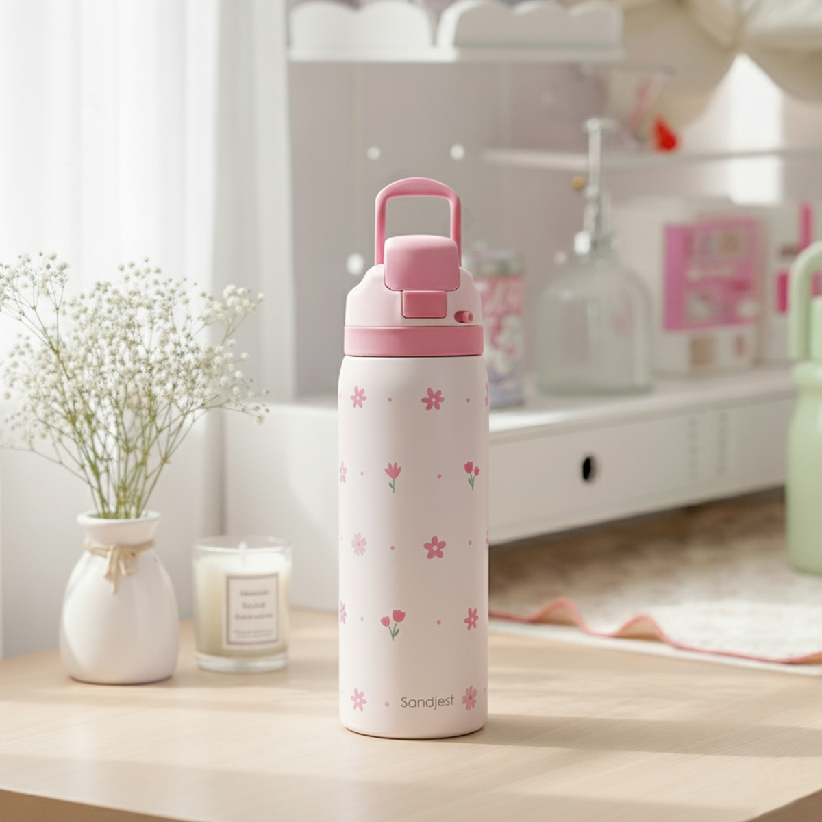 Pink Floral VividPop | Push-button Lid Water Bottle 32oz