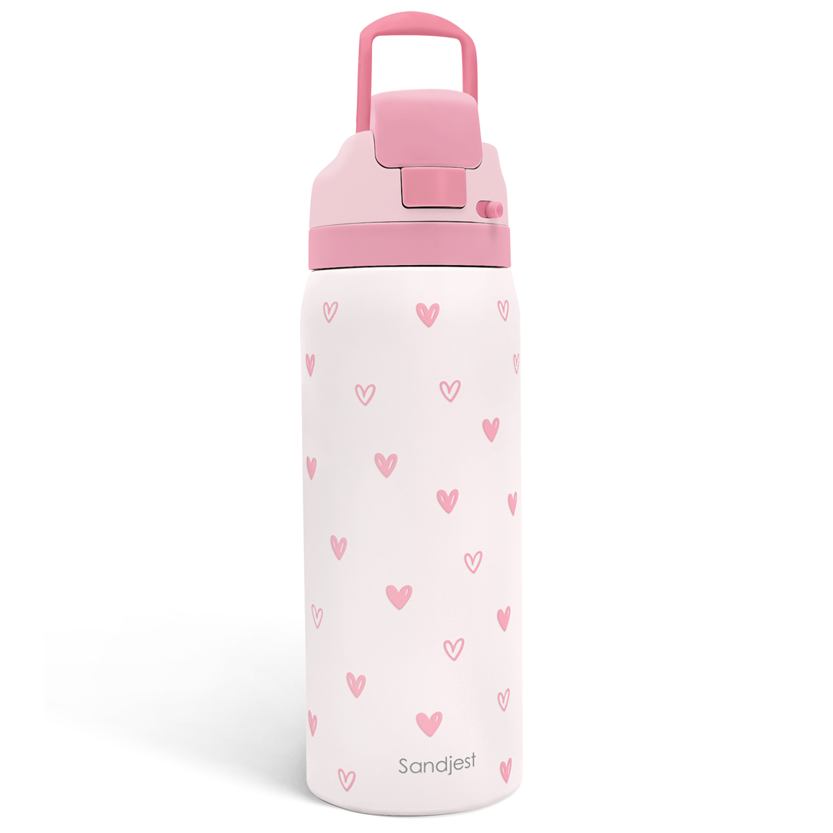 White water bottle with pink floral pattern and pink lid on a white background