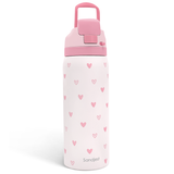 White water bottle with pink floral pattern and pink lid on a white background