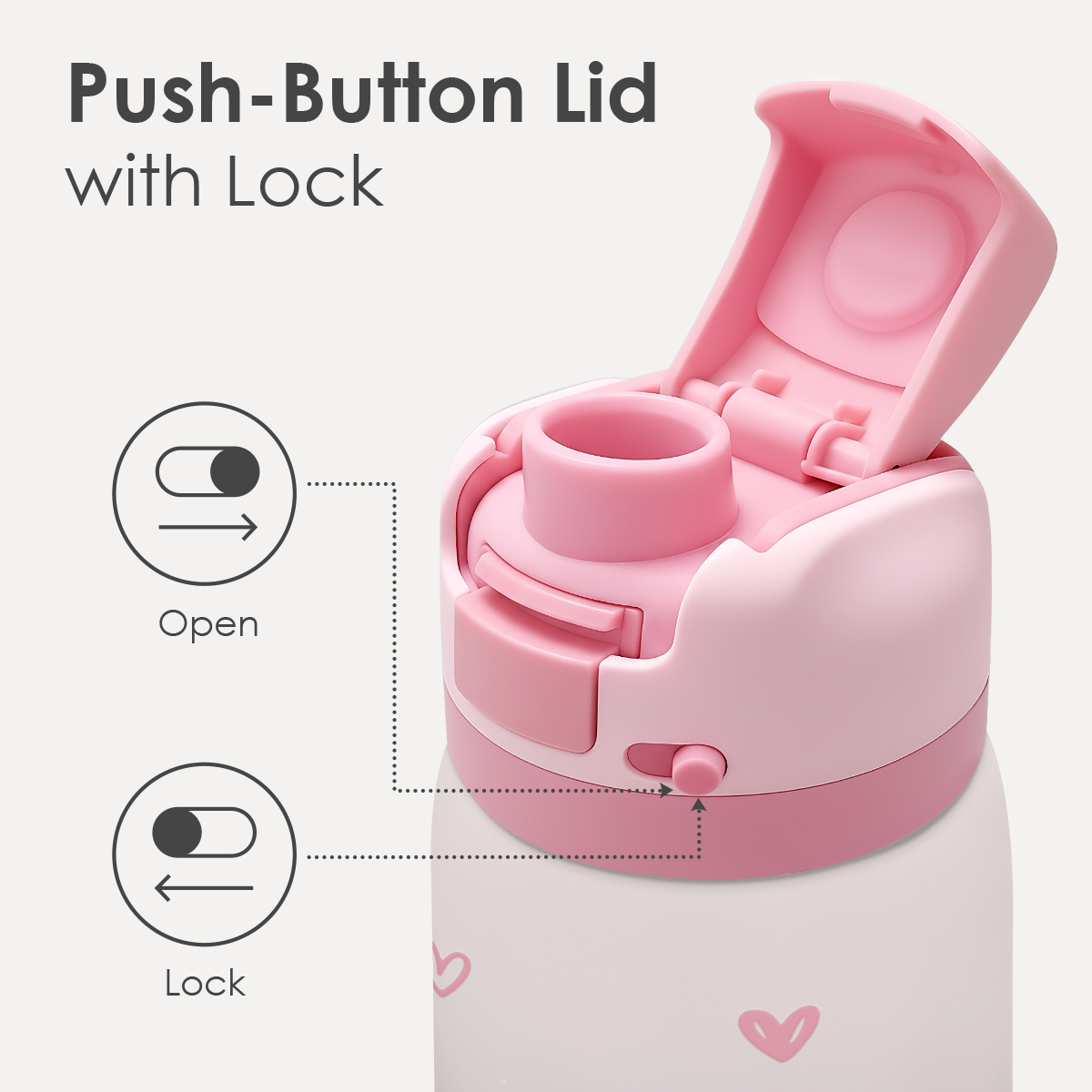 Pink water bottle with push-button lid and lock mechanism on a white background