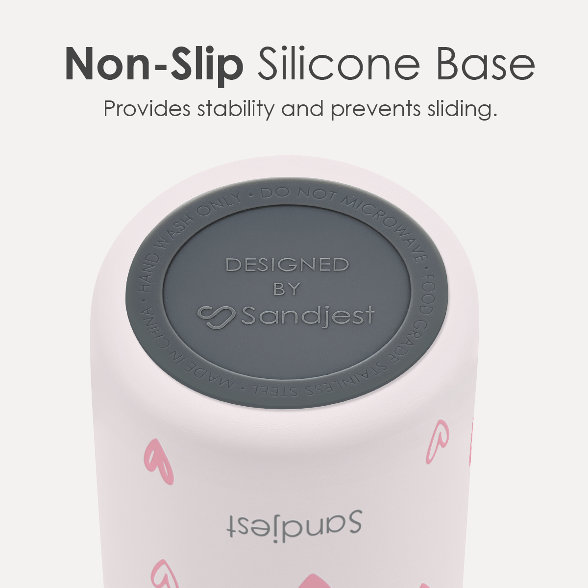 Product with a non-slip silicone base and Sandjest branding on a white background