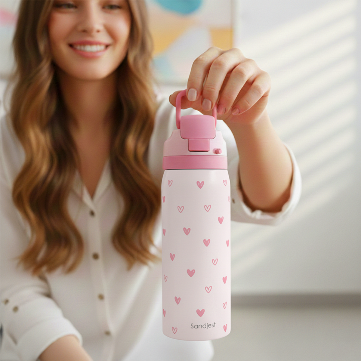Woman holding a pink water bottle with heart patterns, brand 'Sandjess' visible