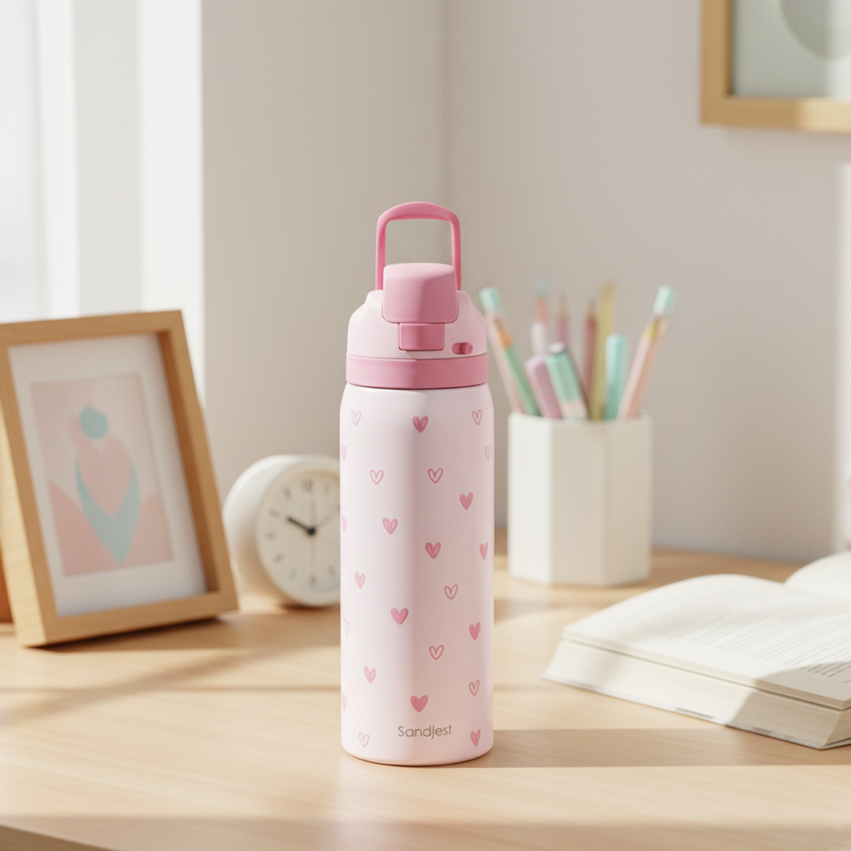 Pink water bottle with heart patterns on a desk with stationery items