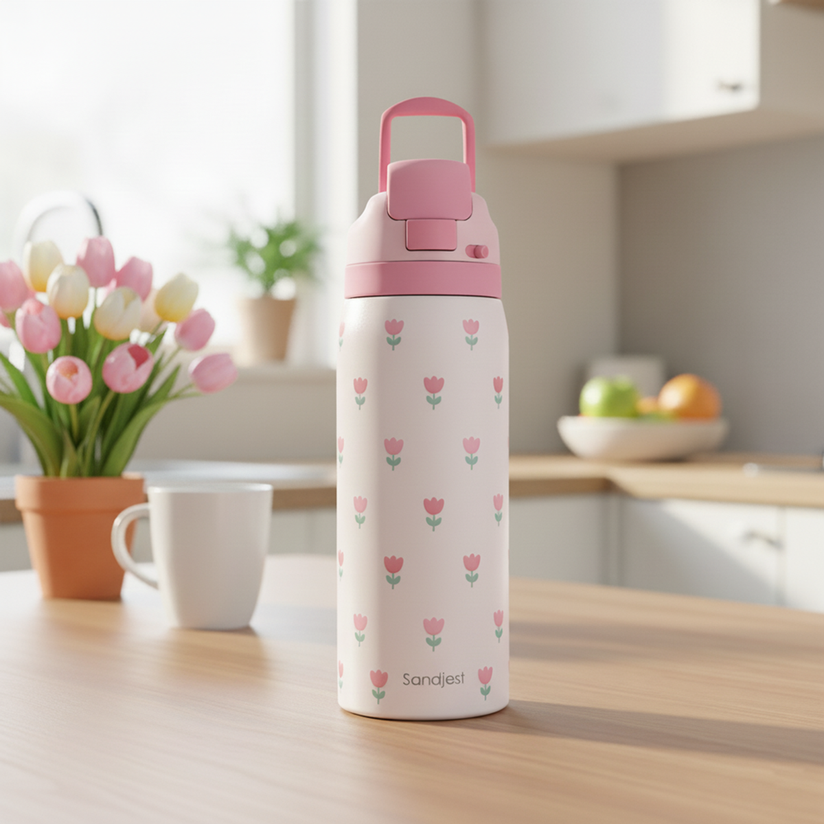Pink Tulip VividPop | Push-button Lid Water Bottle 32oz