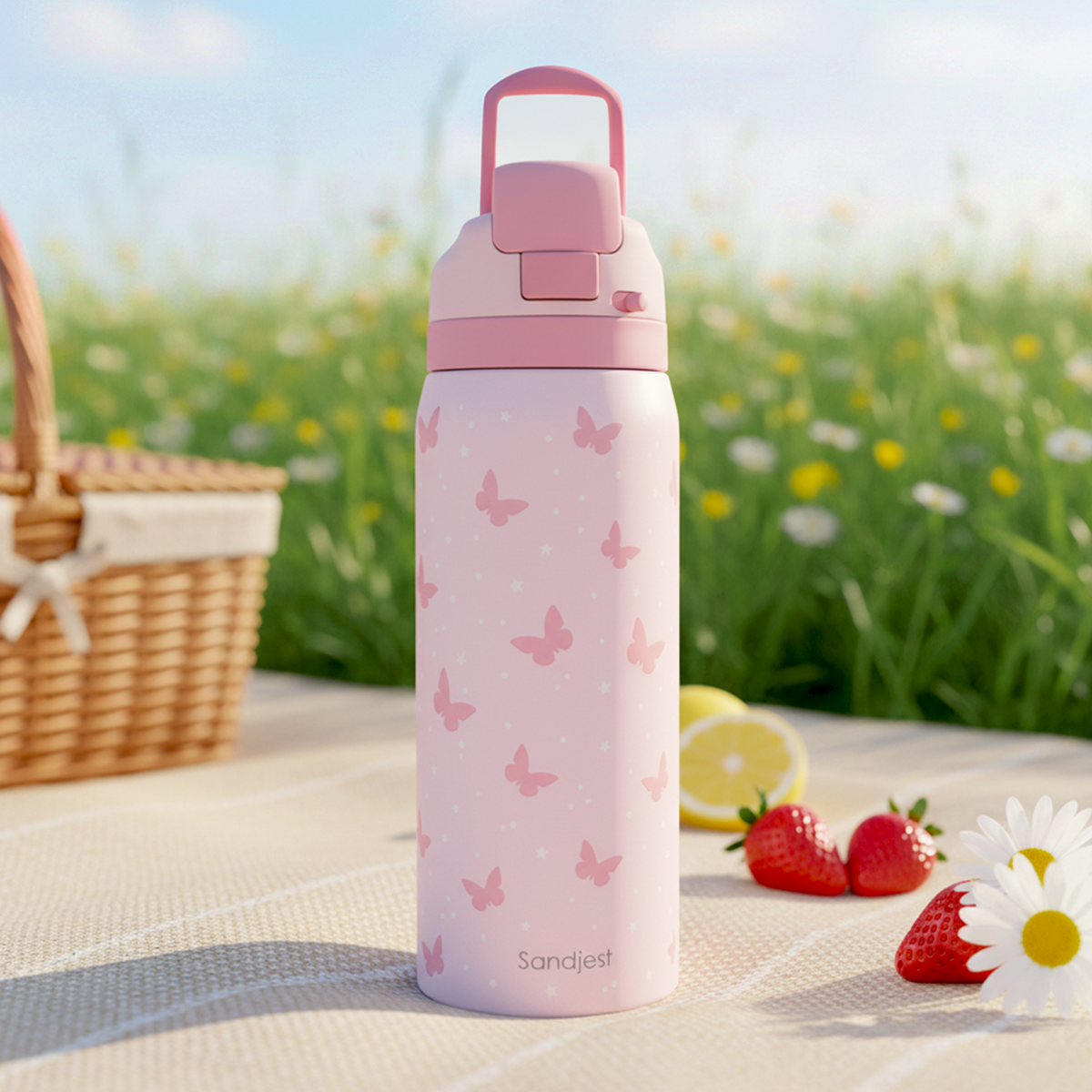 Pink Butterfly VividPop | Push-button Lid Water Bottle 32oz