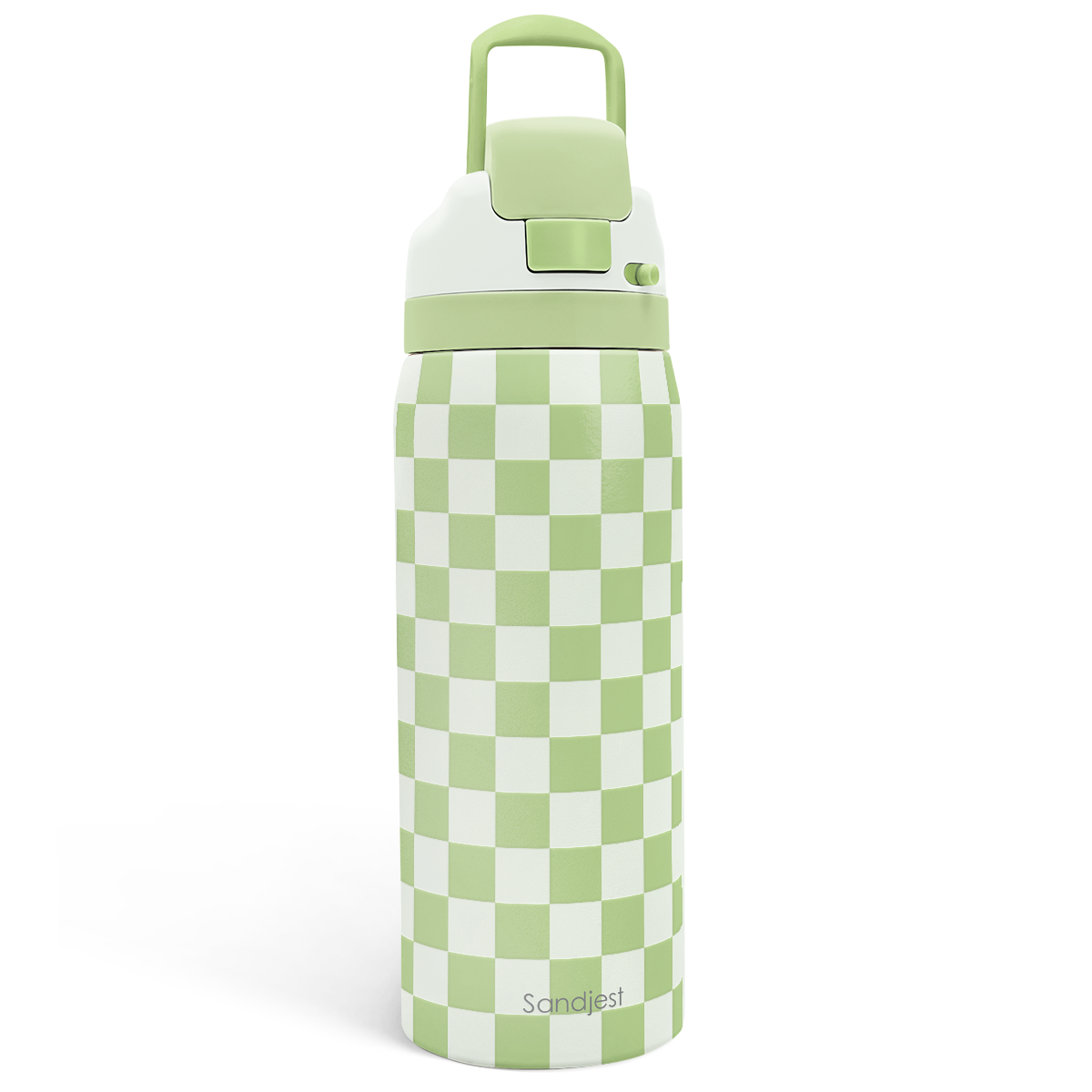 Green and white checkered water bottle with a green lid on a white background