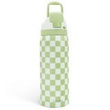 Green and white checkered water bottle with a green lid on a white background